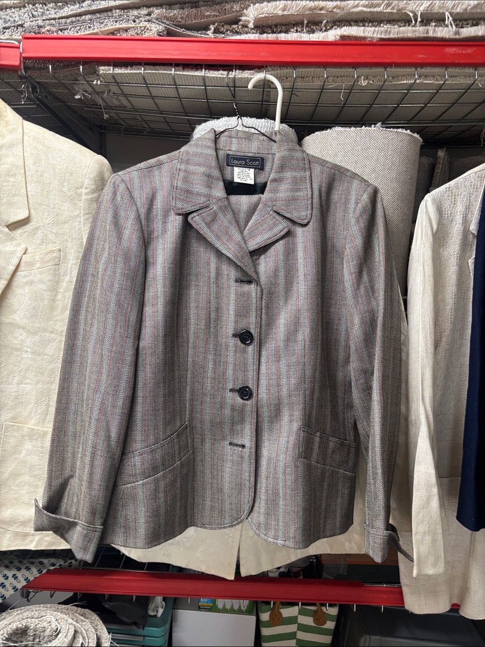 Laura Scott Gray Striped Wool-Blend Blazer with Subtle Multi-Color Pinstripes